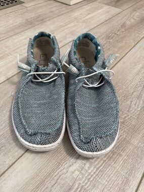 Hey Dude Men’s Wally Knit Slip-Ons in Teal and White